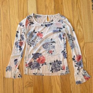 Floral Sheer Long-Sleeve Top in Cream with Pink & Blue Roses